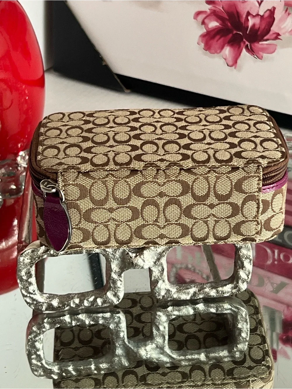 Coach Tan/Brown Signature Case with Pink Pull jewelry box